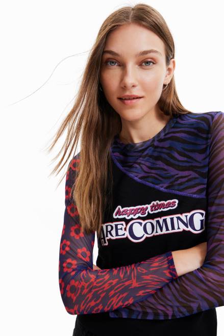 Patchwork tulle T-shirt with message Desigual Women 2ZPR1075 Clothing