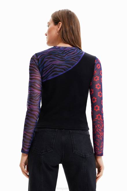 Patchwork tulle T-shirt with message Desigual Women 2ZPR1075 Clothing