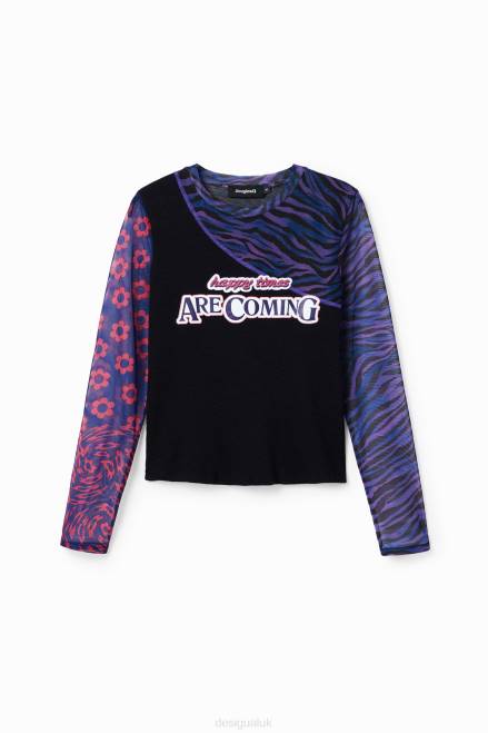 Patchwork tulle T-shirt with message Desigual Women 2ZPR1075 Clothing