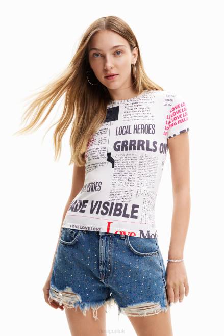 Ribbed newspaper T-shirt Desigual Women 2ZPR281 Clothing