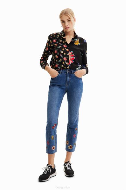 Floral embroidery flare cropped jeans Desigual Women 2ZPR1013 Clothing